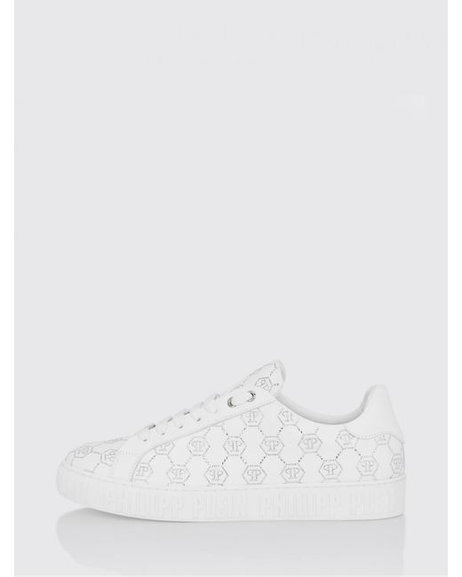 Philipp Plein White Carson Leather Sneakers With Rhinestone Hexagon for men