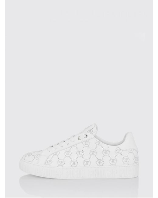 Philipp Plein White Carson Leather Sneakers With Rhinestone Hexagon for men