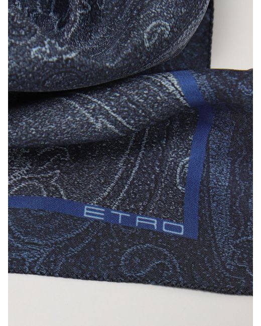 Etro Blue Paisley Print Silk Pocket Square for men