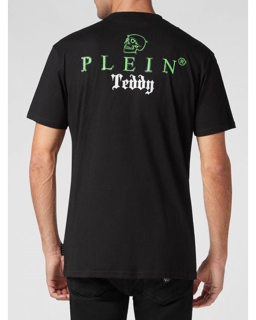 Philipp Plein Black Cotton T-Shirt With Teddy Bear Print, Monogram And Rhinestones for men