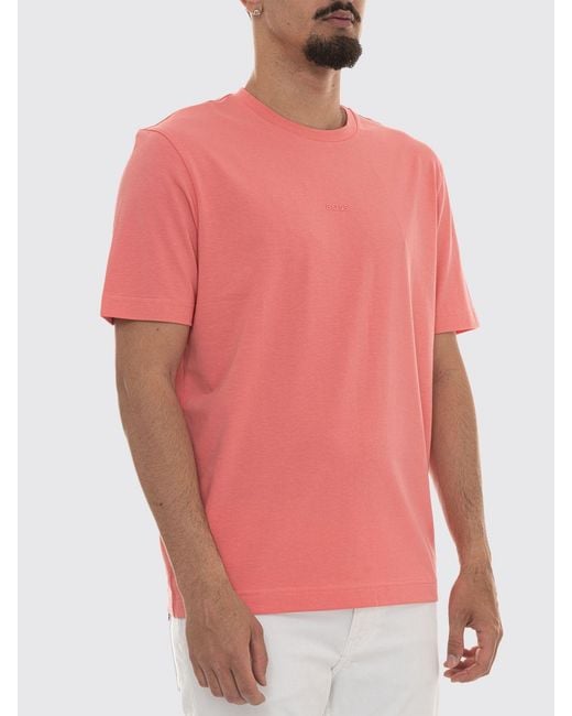 Boss Pink Crew Neck Stretch-Cotton T-Shirt With Contrast Chest Logo for men