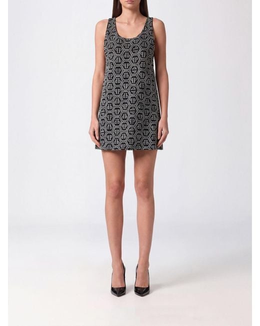 Philipp Plein Black Off-The-Shoulder A-Line Crêpe Mini Dress With Rhinestone Logo