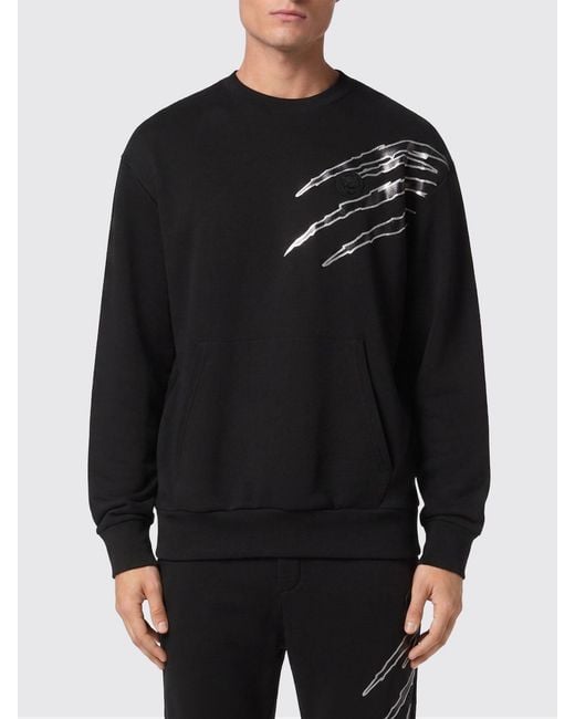 Philipp Plein Black Contrast Logo Cotton Crewneck Sweatshirt With Dropped Shoulders for men