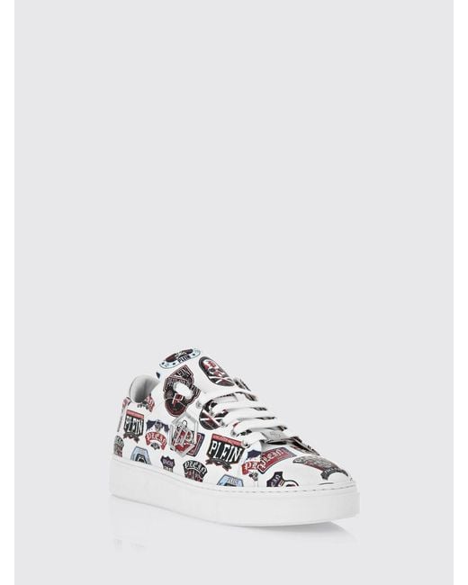 Philipp Plein White Low-Top Calfskin Sneakers With Graphic Print for men