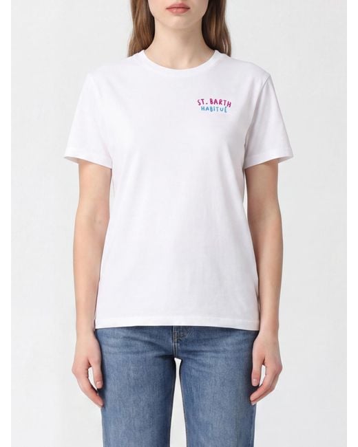 Mc2 Saint Barth White Crewneck Cotton T-Shirt With Graphic Print And Logo