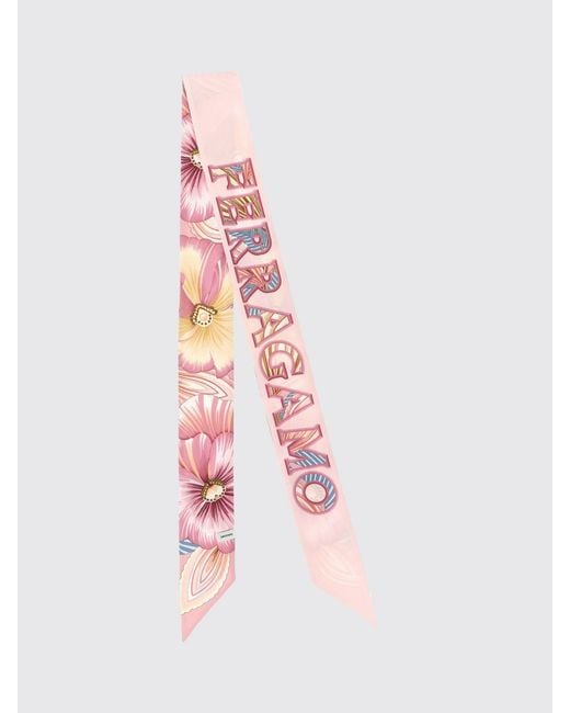 Ferragamo Pink Silk Bandeau With Logo And Flowers