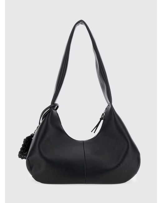 Ganni Black Recycled Leather Hobo Bag With Tone-On-Tone Butterfly Logo Charm