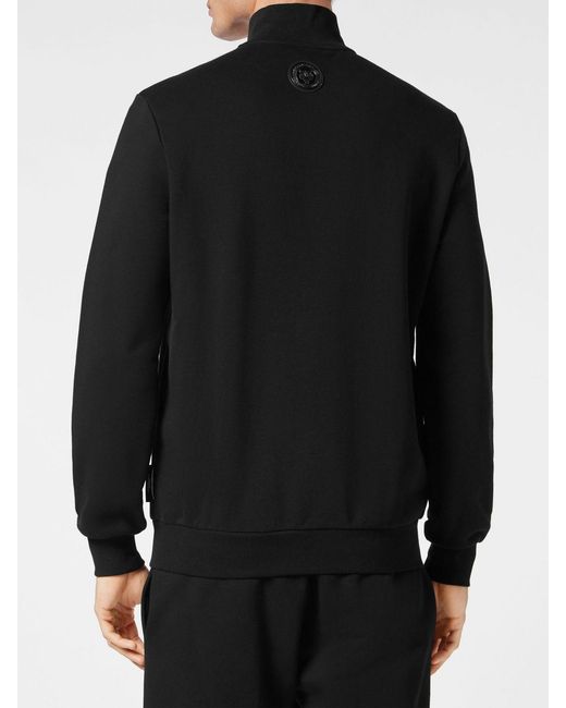 Philipp Plein Black High-Neck Jersey Zip-Up Sweatshirt With Logo Patch for men