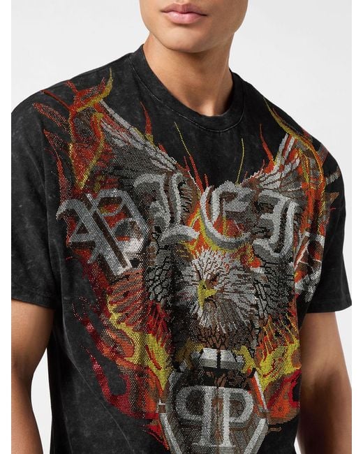 Philipp Plein Black Graphic Print Cotton T-Shirt With Rhinestone Embroidery for men