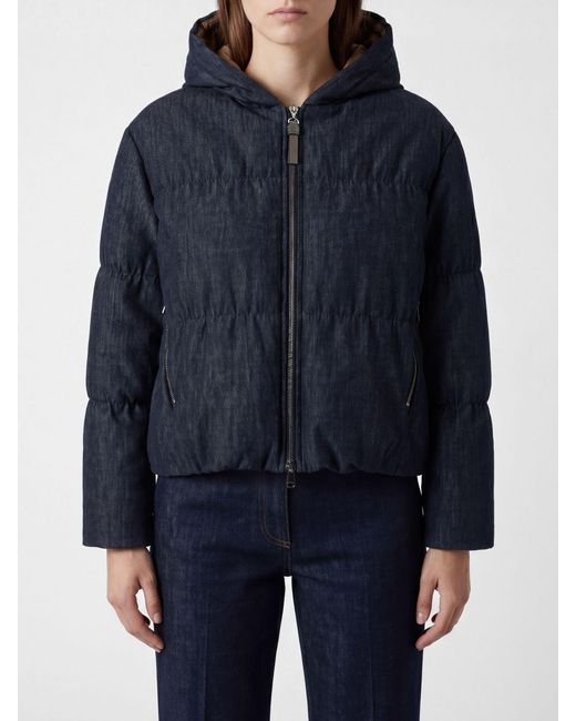Brunello Cucinelli Blue Short Quilted Cotton Down Jacket With Hood And Zip Closure
