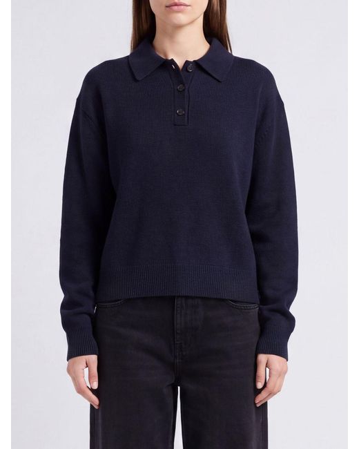 Anine Bing Blue Long-Sleeved 100% Cashmere Knit Polo Shirt With Dropped Shoulders