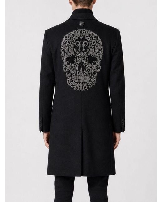 Philipp Plein Black Single-Breasted Wool Coat With Skull Embroidery And Crystals for men