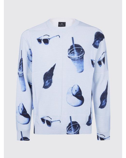 Paul Smith Blue Cotton Crew Neck Pullover With Graphic Print for men