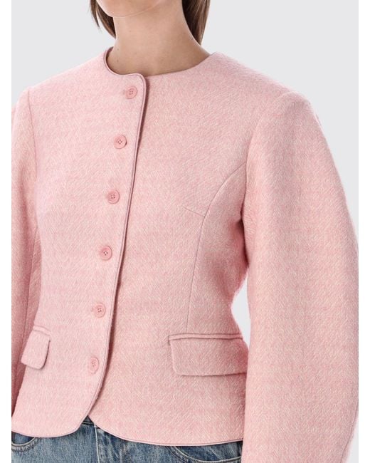 ROTATE BIRGER CHRISTENSEN Pink Cropped Wool-Blend Blazer With Chevron Pattern And Puff Sleeves