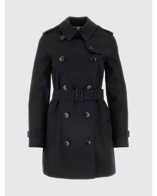 Burberry Blue Cropped Double-Breasted Cotton Trench Coat With Adjustable Belt
