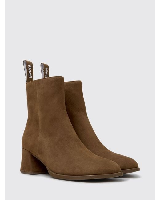 Camper Brown Kora Suede Ankle Boots With Side Zip And Medium Heel