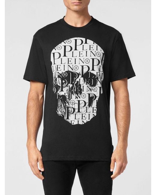 Philipp Plein Black Slim Fit Cotton T-Shirt With Skull And Monogram Print for men