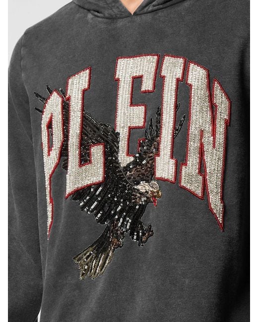 Philipp Plein Gray Graphic Print Cotton Hoodie With Logo for men