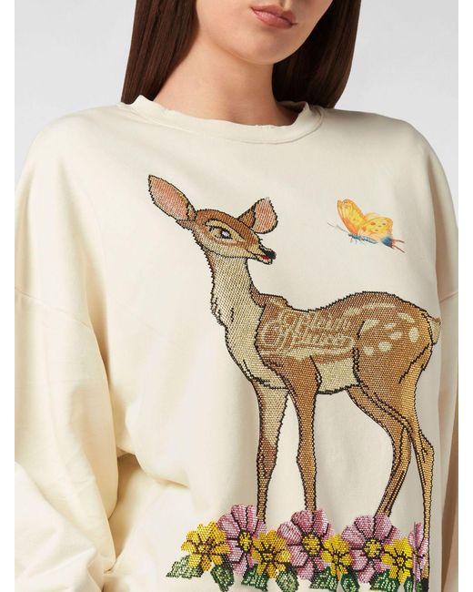 Philipp Plein Natural Relaxed Fit Cotton Crewneck Sweatshirt With Graphic Print And Rhinestones