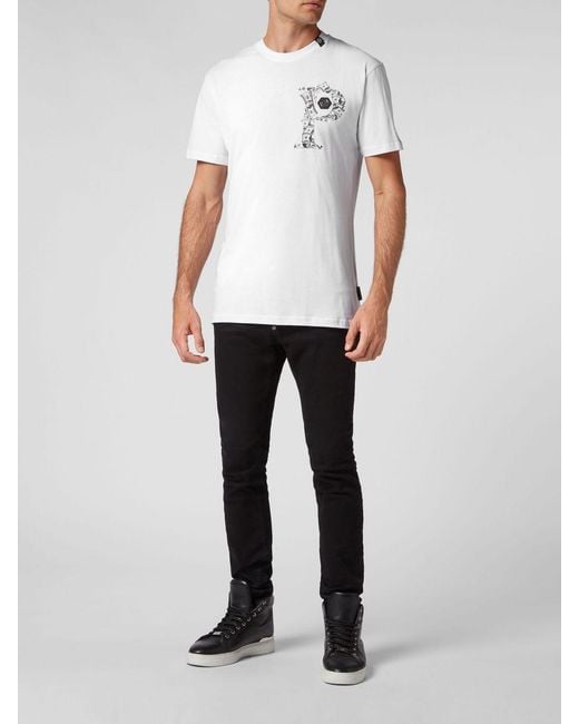Philipp Plein White Slim Fit Cotton T-Shirt With Monogram Print And Hexagon Logo for men