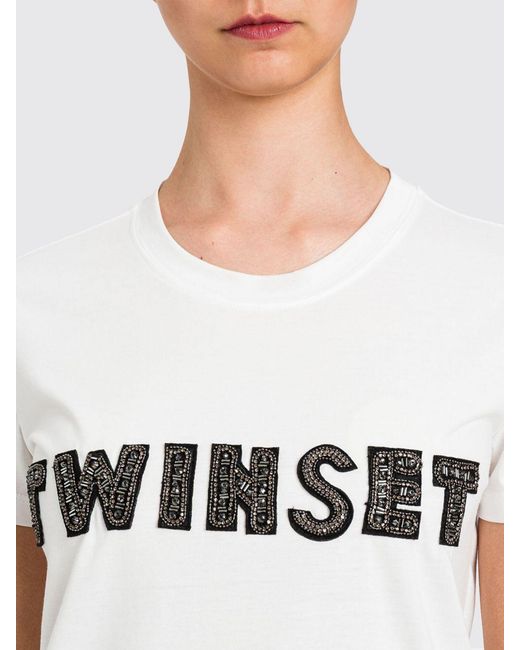 Twinset White Cotton Blend T-Shirts With Rhinestone Logo