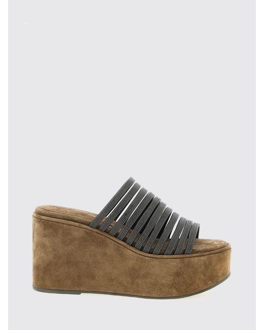 Brunello Cucinelli Brown Suede Wedge Sandal With Monile