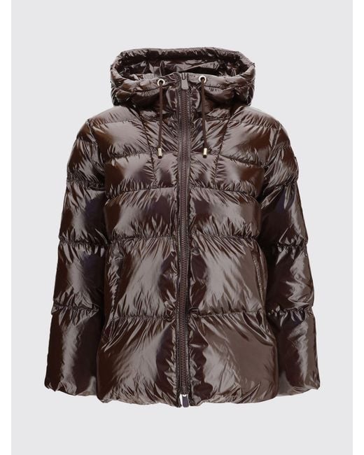 Pinko Brown Quilted Waterproof Nylon Short Puffer Jacket With Hood And Elasticated Cuffs