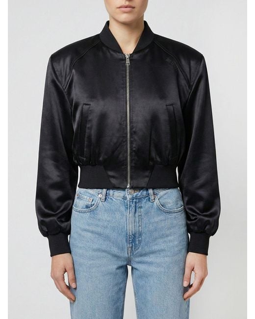 The Attico Black Shiny Viscose Cropped Bomber Jacket