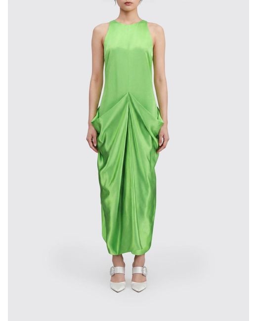 Khaite Green Draped Satin Off-The-Shoulder Midi Sheath Dress