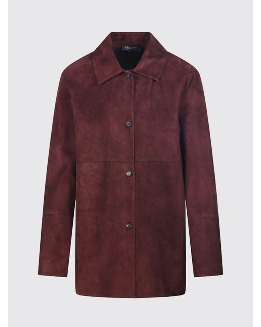 Max Mara Red Suede Leather Shirt Jacket With Classic Collar
