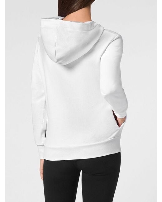 Philipp Plein White Contrast Logo Jersey Hoodie With Pouch Pockets