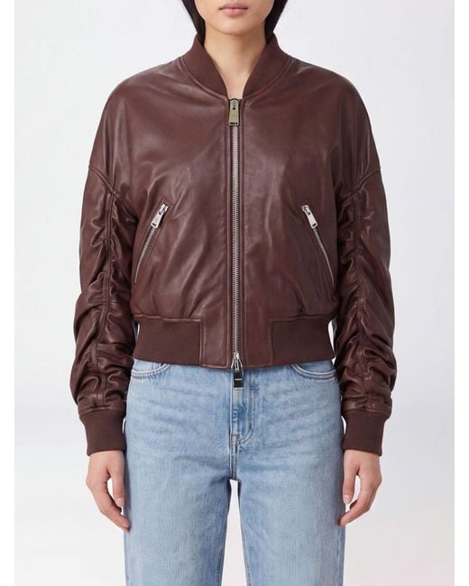 Dondup Red Cropped Synthetic Leather Bomber Jacket With Metal Zip Closure