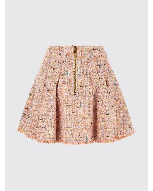 Balmain Pink High-Waisted Tweed Mini Skirt With Abstract Pattern And Frayed Hem