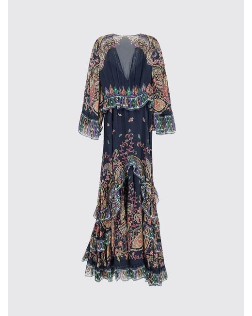 Etro Blue Paisley Embroidered Silk Midi Dress With Asymmetrical Hem And Long Sleeves