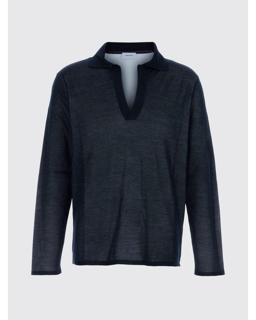 Ferragamo Blue Long-Sleeved Silk Polo With V-Neck for men