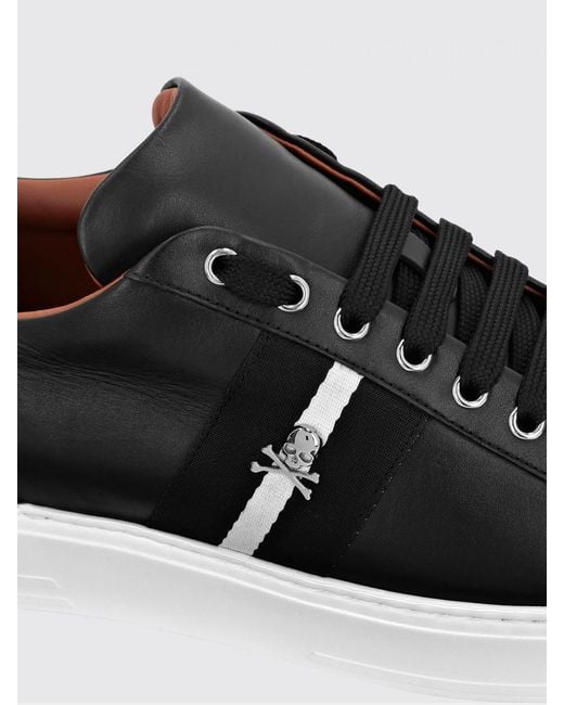 Philipp Plein Black Skull Low-Top Leather Sneakers With Stripe Print for men