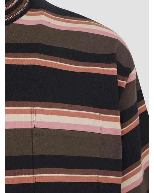 Sacai Black Striped Cotton T-Shirt With Patch Pocket And Dropped Shoulders for men