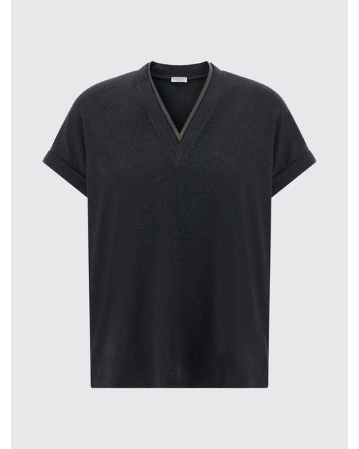 Brunello Cucinelli Blue Cotton V-Neck T-Shirt With Monili Embellishment