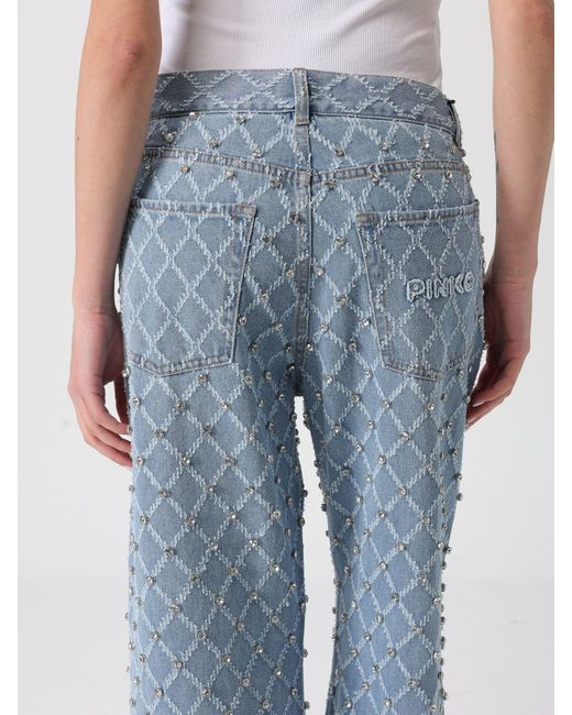 Pinko Blue Straight Denim Jeans With Rhinestones