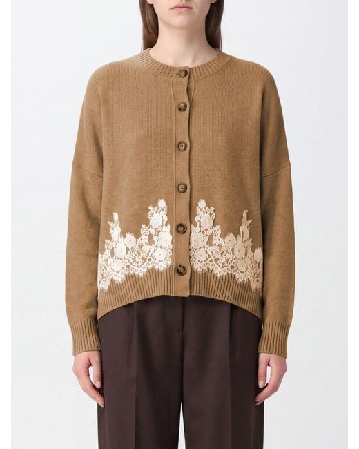 Alberta Ferretti Natural Cashmere And Camel Hair Cardigan With Lace Inserts