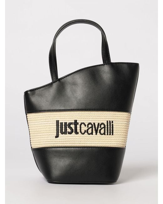 Just Cavalli Black Faux Leather And Raffia Bag With Embroidered Logo
