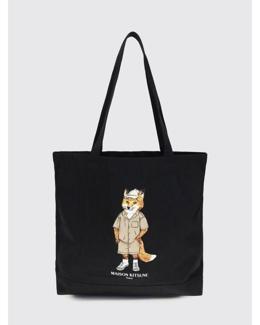 Maison Kitsuné Black Maison KitsunÉ Printed Cotton Tote Bag for men
