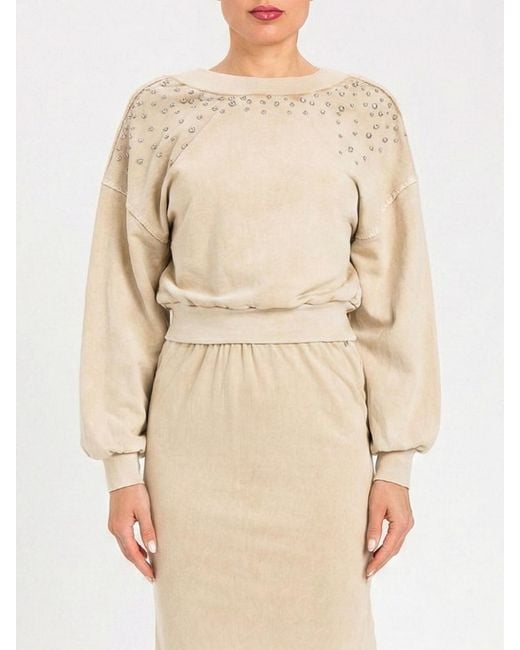Twinset Natural Cotton Cropped Sweatshirt With Rhinestones