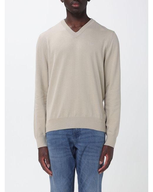 Boss Blue V-Neck Cotton Jumper With Long Sleeves And Ribbed Cuffs And Hem for men