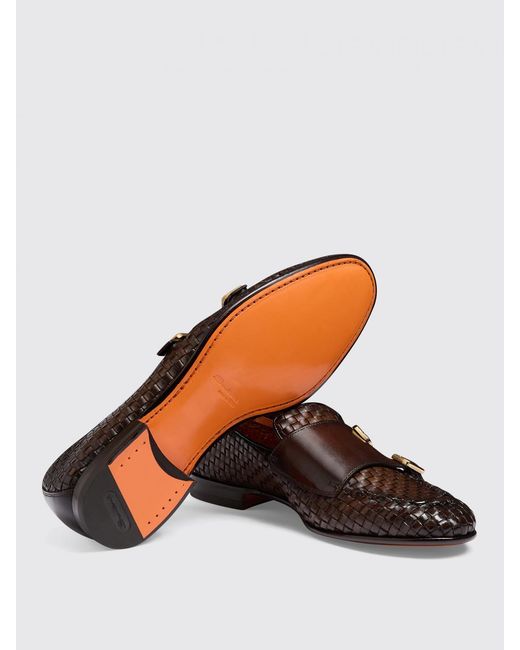 Santoni Brown Premium Leather Loafers With Woven Detail And Double Buckle Closure for men