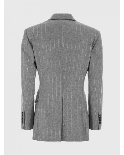 Brunello Cucinelli Gray Pinstripe Wool Short Double-Breasted Blazer With Sequins