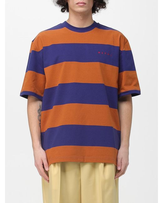 Marni Blue Striped Cotton Crew Neck T-Shirt for men
