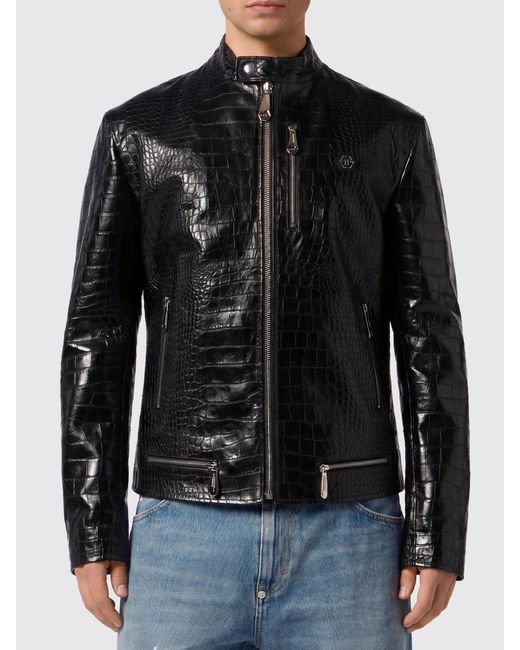 Philipp Plein Black Crocodile Print Leather Biker Jacket for men