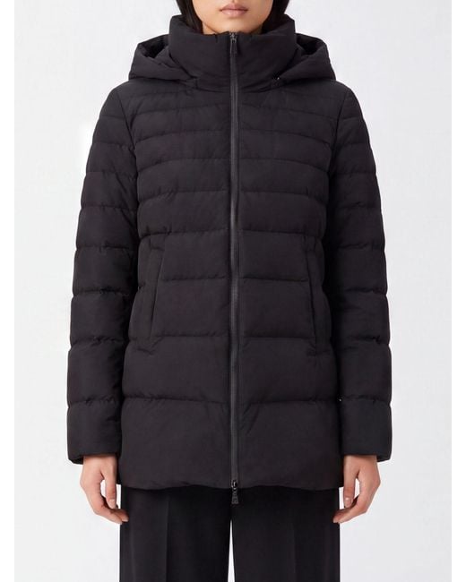 Herno Black Knee-Length Quilted Nylon Down Jacket With Removable Hood
