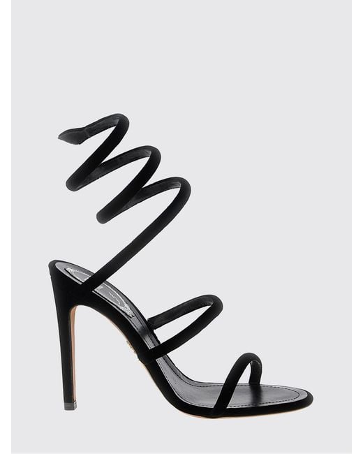 Rene Caovilla Black High-Heeled Velvet Sandals With Snake Strap And Stiletto Heel